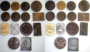Lot von 14 brons medaille (z T vergoudet oder ve ca 1900..., Verzenden