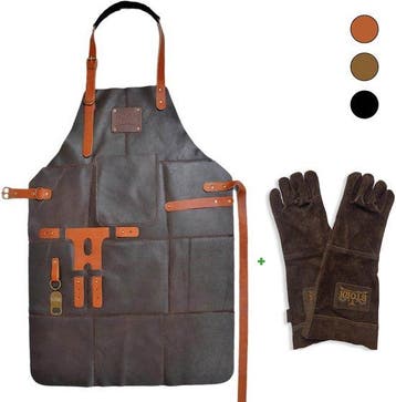 Leren BBQ Schort + Leren Handschoenen – Donker Bruin Echt Le, Verzenden, Nieuw