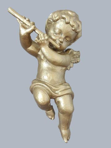 Snijwerk, Holzfigur Goldener Engel mit Querflöte -, Antiek en Kunst