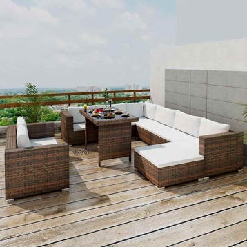 vidaXL 10-delige Loungeset met kussens poly rattan bruin, Verzenden, Nieuw, Meer dan 8 zitplaatsen, Loungeset
