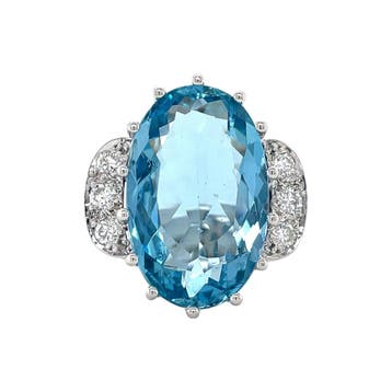 Witgouden vintage ring met aquamarijn en diamant 14 krt, Ophalen of Verzenden, Nieuw