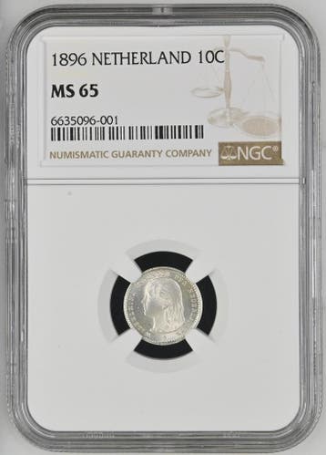 Koningin Wilhelmina 10 cent 1896 NGC MS65 gecertificeerd, Verzenden, Zilver, 10 cent, Koningin Wilhelmina