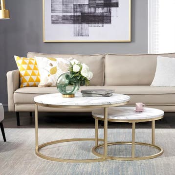 Nieuw 2-Delige Marmeren Textuur Salontafel Set – Goud en Wit, 50 tot 100 cm, Verzenden, Nieuw, 50 tot 100 cm