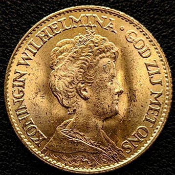 Gouden 10 gulden Wilhelmina 1911-1933 (willekeurig jaar), Postzegels en Munten, Verzenden, Goud, Koningin Wilhelmina, Losse munt