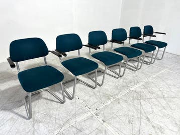 (120) 6x Artifort Lande Jami stoelen buisframe petrolblauw, Ophalen, Blauw, Zo goed als nieuw, Stof