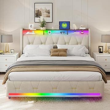 LED Bedframe 140x200 Beige met Opbergruimte, Verzenden, Beige, 140 cm, 200 cm