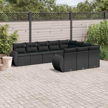 vidaXL 10-delige Loungeset met kussens poly rattan zwart, Verzenden, Nieuw, Loungeset