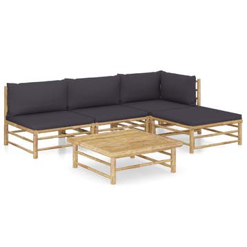 vidaXL 5-delige Loungeset met donkergrijze kussens bamboe, Tuin en Terras, Tuinsets en Loungesets, Verzenden, Nieuw, Hout, Loungeset