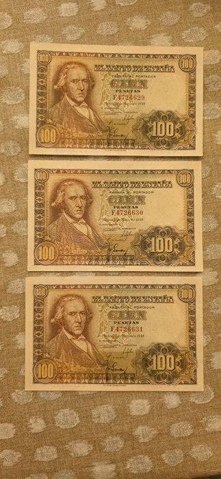 Spanje. - 3 x 100 Pesetas 1948 - Pick 137 - consecutive, Postzegels en Munten, Bankbiljetten | Europa | Niet-Eurobiljetten