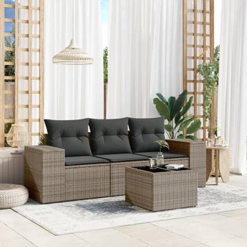 vidaXL 4-delige Loungeset met kussens poly rattan grijs, Tuin en Terras, Verzenden, Nieuw, Loungeset