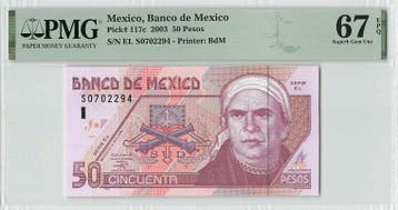 2003 Mexico 50 Pesos Pick 117c Pmg Superb Gem Unc 67 Epq..., Verzenden