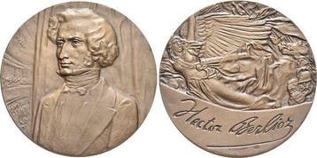 Bronze-gussmedaille Musik Berlioz, Hector 1803 +1869, fra..., Verzenden
