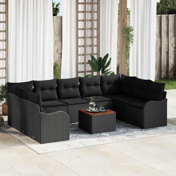 vidaXL Tuinbankenset met kussen 10 pcs Zwart poly rattan, Verzenden, Nieuw, Rotan, Meer dan 8 zitplaatsen