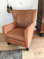 Leren oorfauteuil met houten poten - bruin leer, Huis en Inrichting, Fauteuils, Ophalen of Verzenden, Nieuw, Leer