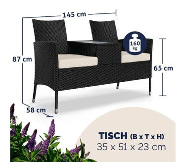 Polyrotan Tuinbank Zwart 145x58x87cm (Tafels-Stoelen), Verzenden, Nieuw