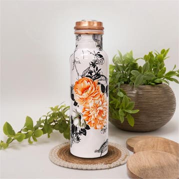 Puur koperen waterfles bloemenprint wit ± 750 ml/270 g, Ophalen of Verzenden, Nieuw