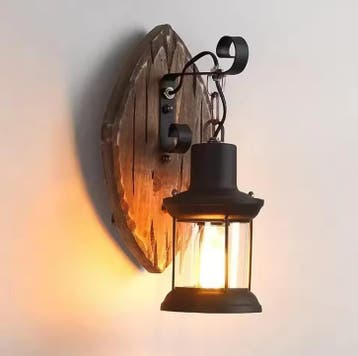 Retro Wandlamp – E27 Hout Metaal met Glazen Kap Vintage, Verzenden, Nieuw