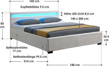 2dekans | Juskys Gestoffeerd bed - 140 x 200 cm - Wit - LED, Ophalen of Verzenden, Zo goed als nieuw, Wit