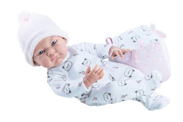 Babypop 36cm blank meisje met berenpak, muts en tas - Pao..., Ophalen of Verzenden, Nieuw