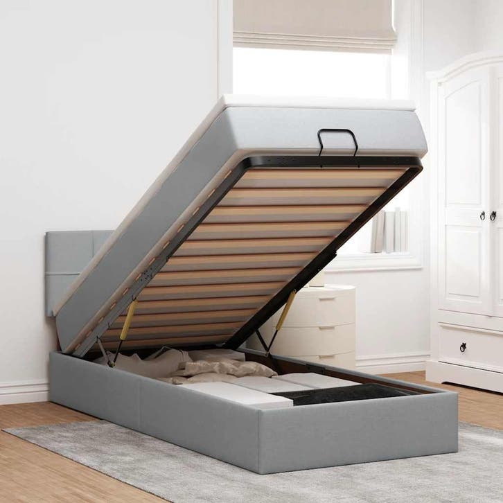 vidaXL Bed poef met matras en LEDs 90x200 cm stof, Huis en Inrichting, Slaapkamer | Bedden, 90 cm, 200 cm, Grijs, Eenpersoons