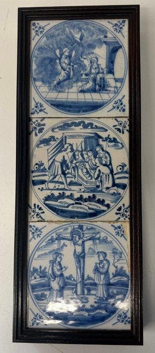 Tegel - Drie antieke blauw-witte Bijbelse tegels - 1700-1800