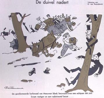 Angst voor de radio op spotprent (lijst optie, Lithos), Antiek en Kunst, Verzenden