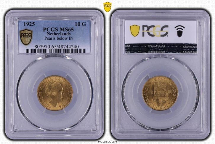 Gouden Wilhelmina 10 gulden 1925 MS65 variant Parel onder IN, Postzegels en Munten, Munten | Nederland, Losse munt, 10 gulden