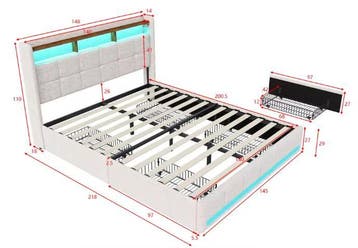 Opbergbed 140x200 cm met USB, LED Hoofdbord en 4 Lades, Verzenden, Nieuw