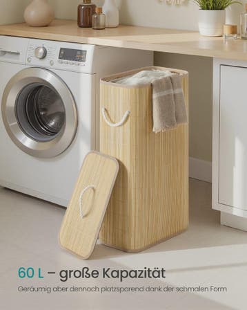 Songmics Bamboe Wasmand met Deksel - 60L, Opvouwbaar, Natuur, Verzenden, Nieuw