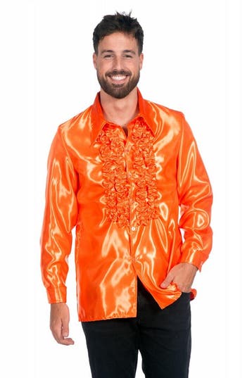 Ruchesblouse neon oranje, Kleding | Dames, Carnavalskleding en Feestkleding, Ophalen of Verzenden, Nieuw