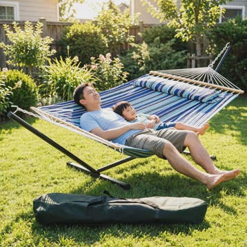 Dubbele Hangmat met Standaard - Ruim, Comfortabel & Draagbaa, Tuin en Terras, Hangmatten, Verzenden, Nieuw