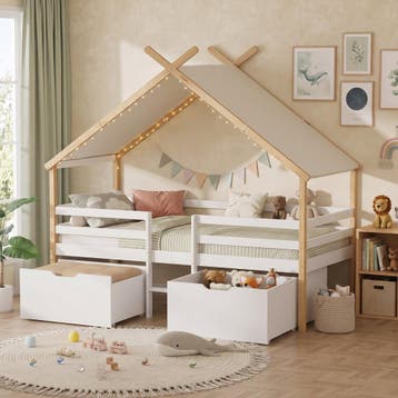 Kinderbed Surnadal Huisbed met dak 2 lades en trapje 200x90, Verzenden, Nieuw