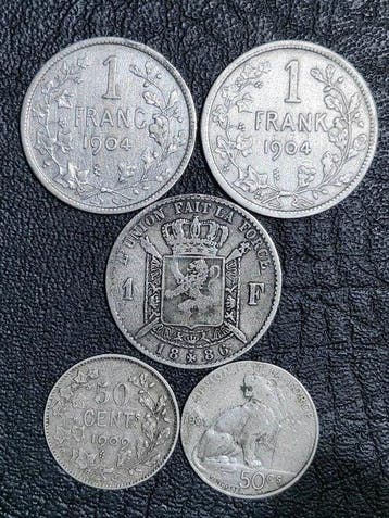 België. Leopold II. 50 Centimes, 1 Franc 1886/1904, Lot de 5