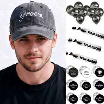 Vrijgezellenfeest set:cap, ballonnen, armbanden en buttons, Kleding | Heren, Ophalen of Verzenden, Nieuw, Grijs, Accessoires