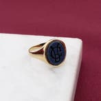 Vintage gouden signet pinkring met onyx, Gebruikt, Overige kleuren, Ophalen of Verzenden, Kleiner dan 17