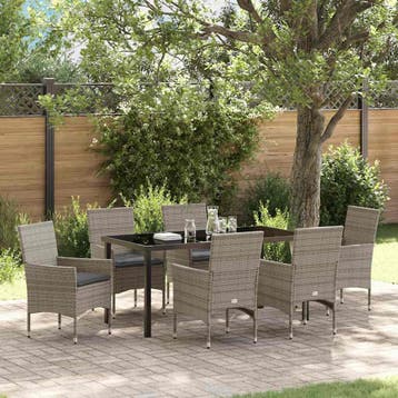 vidaXL Tuin eettafelset met kussen 7 pcs Grijs poly rattan, Verzenden, Nieuw, Rotan, 7 zitplaatsen