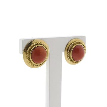 Gouden oorclips met bloedkoraal. (Oorbellen), Sieraden, Tassen en Uiterlijk, Oorbellen, Gebruikt, Ophalen of Verzenden, Met edelsteen