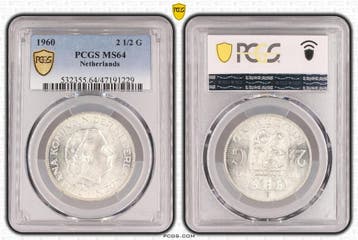 Koningin Juliana zilveren 2 1/2 gulden 1960 MS64 PCGS, Verzenden, Koningin Juliana, Losse munt, Zilver