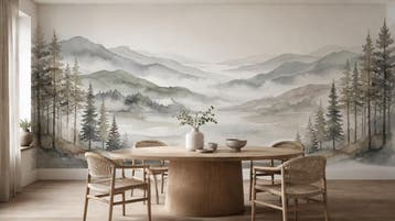 Landschap behang – mistige bergen en een stil meer, Huis en Inrichting, Grijs, Natuurlijk, Overige merken, Ophalen of Verzenden