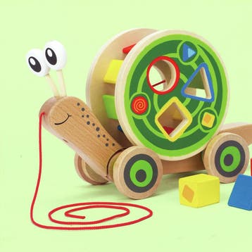 Hape Loopslak met Vormenspel - Houten Trekfiguur met Blokken, Ophalen of Verzenden, Zo goed als nieuw