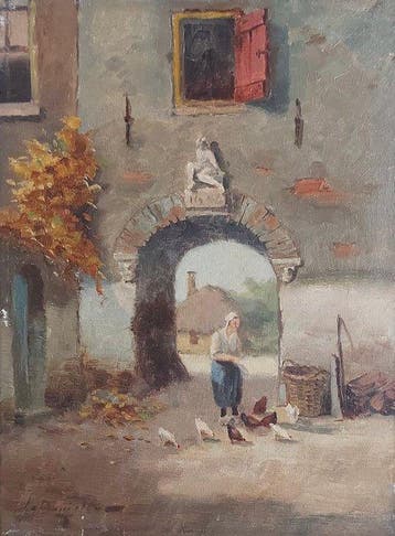 Jeroen Damstra (1898-1963) - Oud boerenerf onder poort met