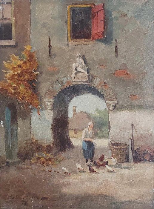 Jeroen Damstra (1898-1963) - Oud boerenerf onder poort met, Antiek en Kunst, Kunst | Schilderijen | Klassiek