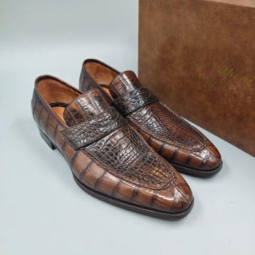 Enzo Bonafè Crocodile-UK8.5- Pennyloafers-Patina - Loafers -, Nieuw