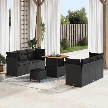 vidaXL Tuin Sofa Set 9 st Zwart poly rattan, Verzenden, Nieuw, Meer dan 8 zitplaatsen