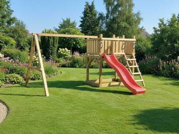 Veiling - Vrijstaande speeltoren met schommel+glijbaan 410x3, Kinderen en Baby's, Nieuw