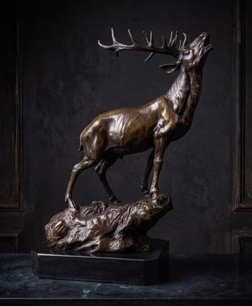 Beeld, Hert op rots 38 cm / 6.3 kg - 38 cm - Brons, Marmer