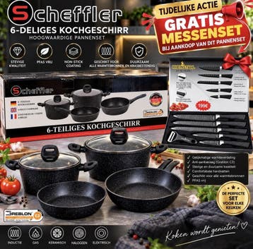 Scheffler 6-delige pannenset – PFAS-vrij + gratis messenset, Huis en Inrichting, PFAS-vrij, Pannenset, Ophalen of Verzenden, Nieuw