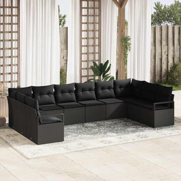 vidaXL Bankstel met kussen 10 pcs Zwart poly rattan, Verzenden, Nieuw, Rotan, Meer dan 8 zitplaatsen