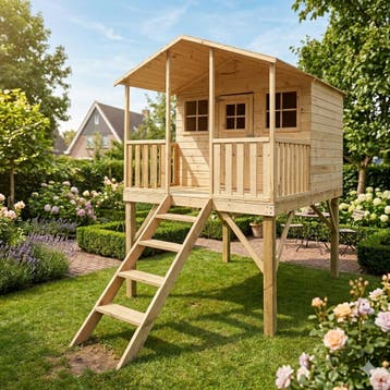 Houten speelhuis op poten met trap en overdekt terras - W..., Ophalen of Verzenden, Nieuw