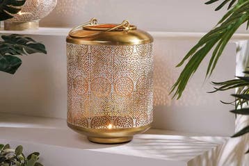Deco lantaarn ORIENT 25cm goud metaal met patina, Ophalen of Verzenden, Nieuw